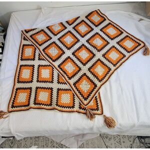 Granny Square Crochet Wool Blanket Tassels Cream Brown Orange‎ 70s MCM Halloween